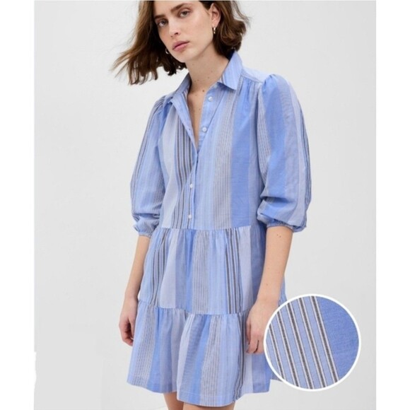 GAP Dresses & Skirts - Gap Blue Striped Tiered Puff Sleeve Mini Shirt Dress S Academia Patchwork Prep